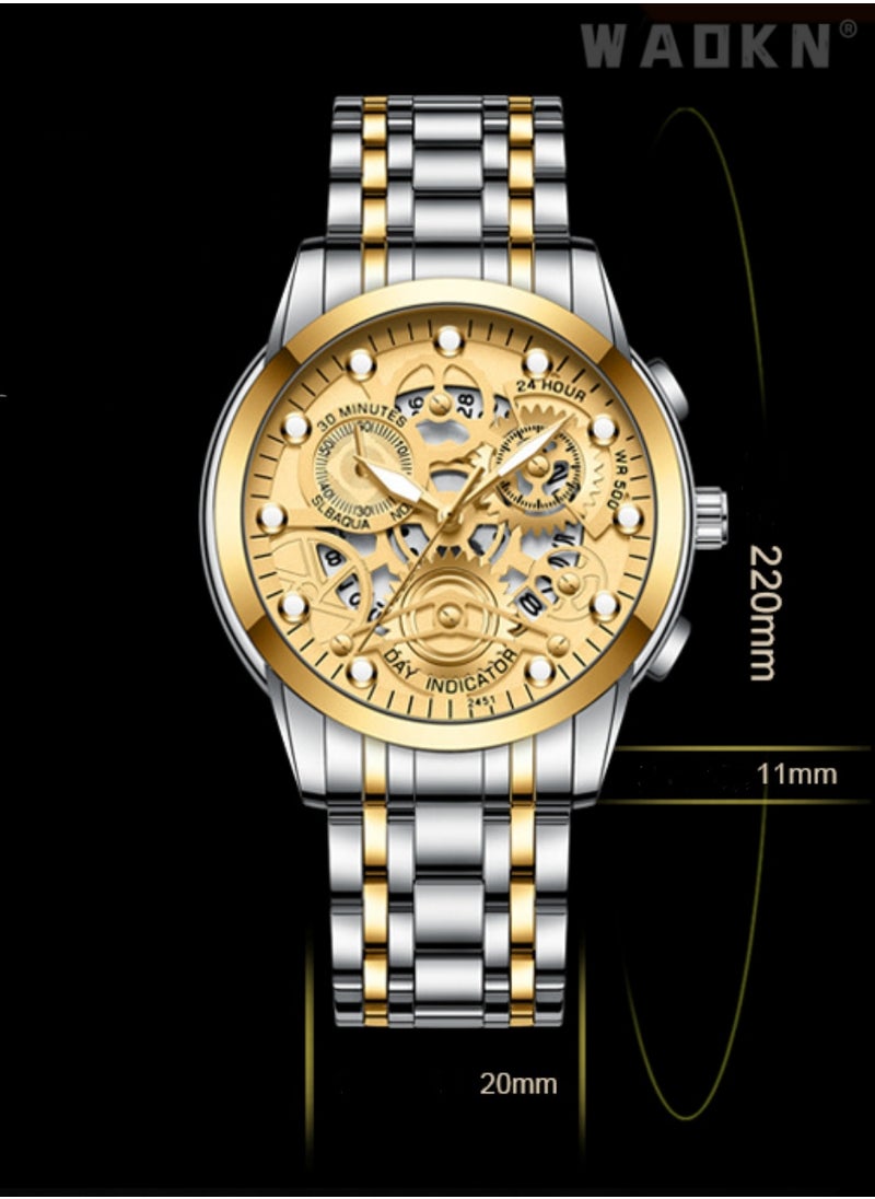 WAOKN - Men's Stainless Steel Strap Mechanical Watch Analog Display Round Gold Dial with Hollow Pattern Decoration Waterproof Luminous Wristwatch as Gift for Men, Classic Business Fashion Watch - Image 1