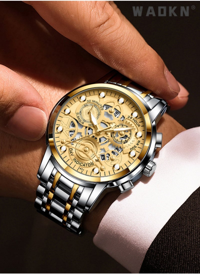 WAOKN - Men's Stainless Steel Strap Mechanical Watch Analog Display Round Gold Dial with Hollow Pattern Decoration Waterproof Luminous Wristwatch as Gift for Men, Classic Business Fashion Watch - Image 1