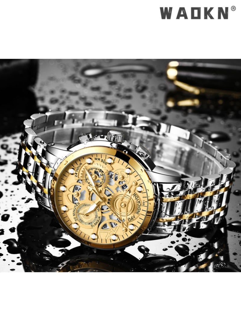 WAOKN - Men's Stainless Steel Strap Mechanical Watch Analog Display Round Gold Dial with Hollow Pattern Decoration Waterproof Luminous Wristwatch as Gift for Men, Classic Business Fashion Watch - Image 1