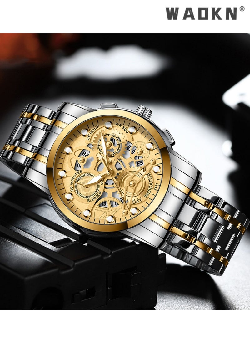 WAOKN - Men's Stainless Steel Strap Mechanical Watch Analog Display Round Gold Dial with Hollow Pattern Decoration Waterproof Luminous Wristwatch as Gift for Men, Classic Business Fashion Watch - Image 1
