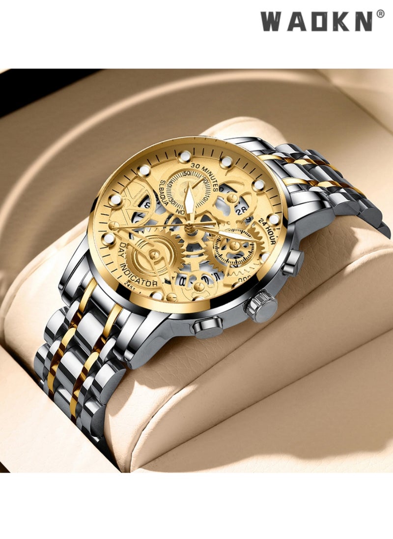 WAOKN - Men's Stainless Steel Strap Mechanical Watch Analog Display Round Gold Dial with Hollow Pattern Decoration Waterproof Luminous Wristwatch as Gift for Men, Classic Business Fashion Watch - Image 1