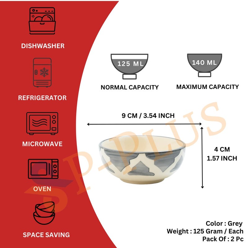 P Plus Fire Ceramic Bowls For Popcorn, Snack, Salads, Gravy & Noodles, Fruit, Pasta, Cereal, Microwave & Dishwasher Safe, Indoor And Outdoor Use, 125 Ml 9 CM, Ceramic Gifting Bowl Set (Grey, Set Of 2) - Image 2