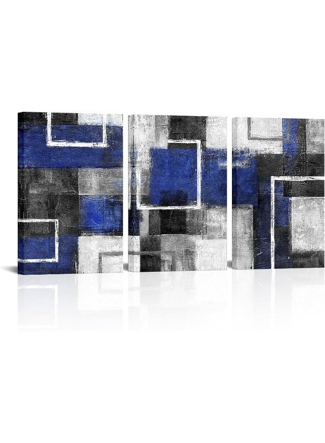 WELMECO Blue Wall Art Geometric Lines Abstract Blue Room Decor Picture Framed Artwork Living Room Bedroom Decor 16"x24"x3 Pieces (Blue) - Image 1