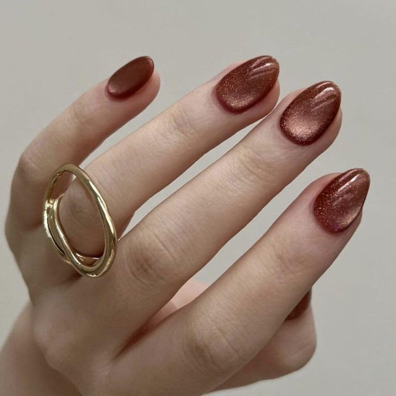 KQueenest Cat Eye Press on Nails Short Oval, 30 Pcs Light Brown Fake Nails Extra Short Round, Glitter Glass Glue on Nails Almond, Reusable Shiny Chrome False Nails for Women Fall Winter, Small Sizes - Image 2