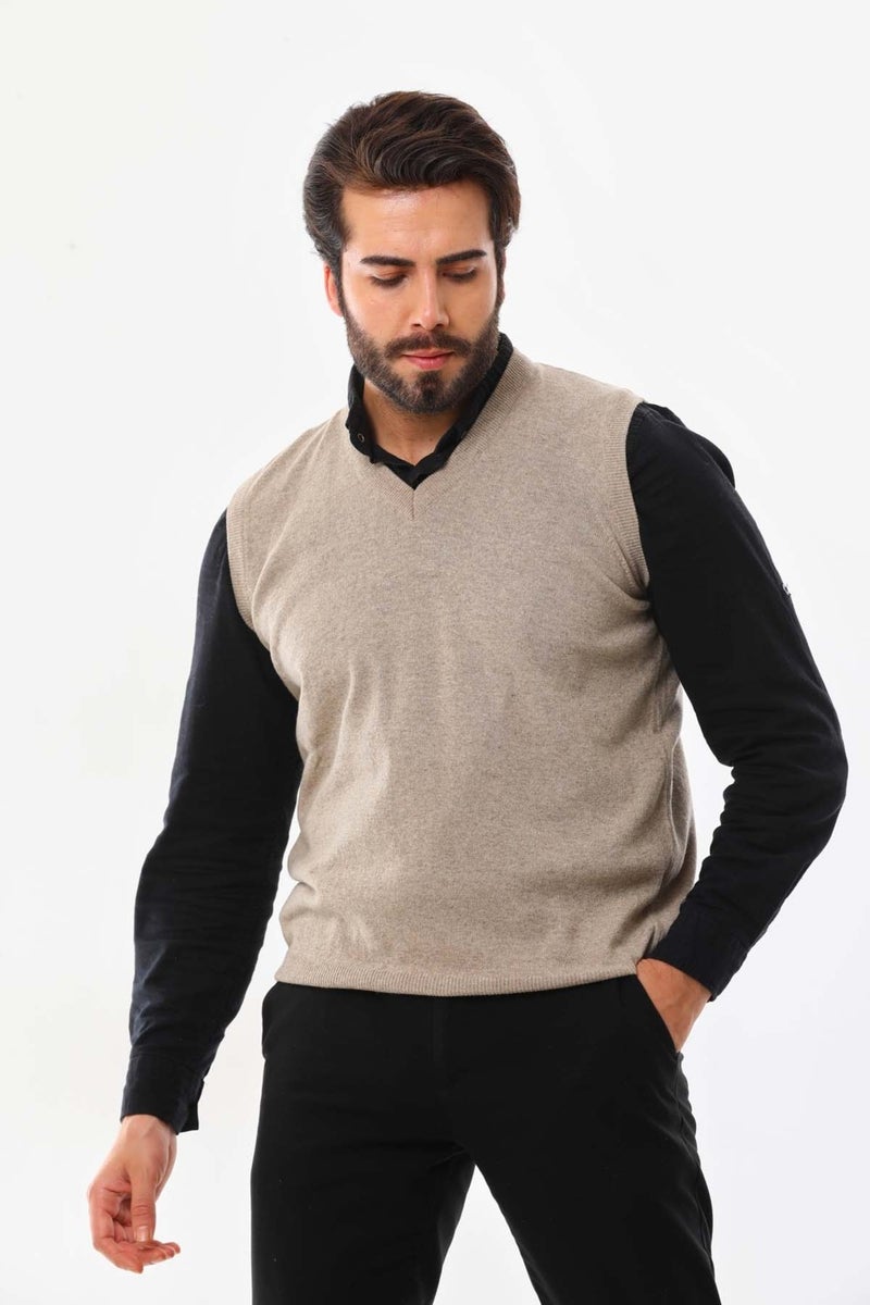 Günay Men's V Neck Wool Sweater 0108 Beige  - Image 1