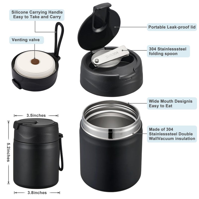 Howeemo 17oz Soup Thermo for Hot Food Kids,Insulated Food Jar with Spoon,Thermo Hot Food Lunch Container,Wide Mouth Leakproof Stainless Steel Lunch Box for School-Black - Image 2