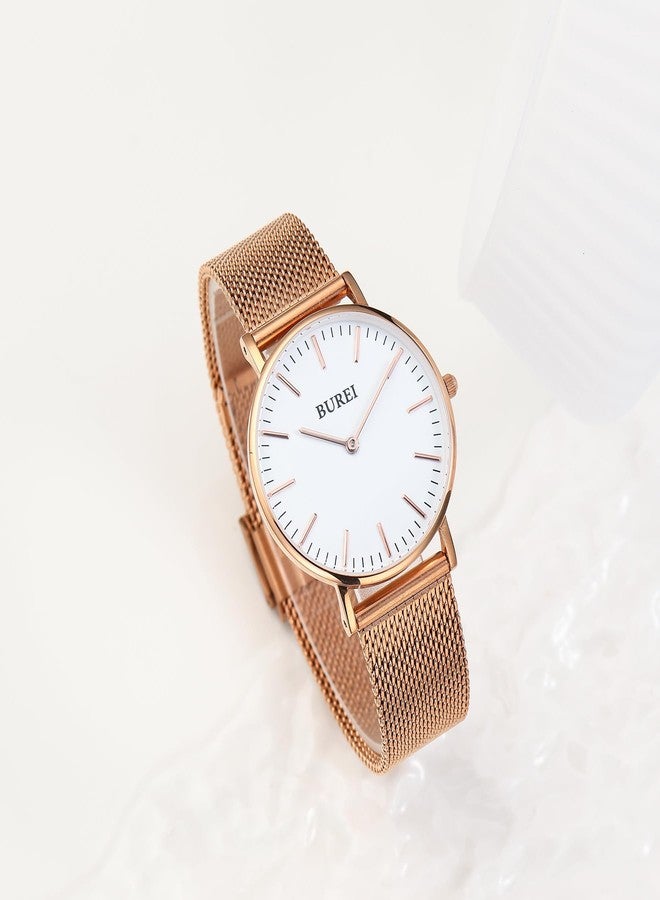 BUREI Womens Watch Fashion Gold Small Ladies Watch Stainless Steel Mesh Bracelet Watch Analog Quartz Waterproof Watches Dainty Silver Wrist Watches for Women, white rose gold - Image 2