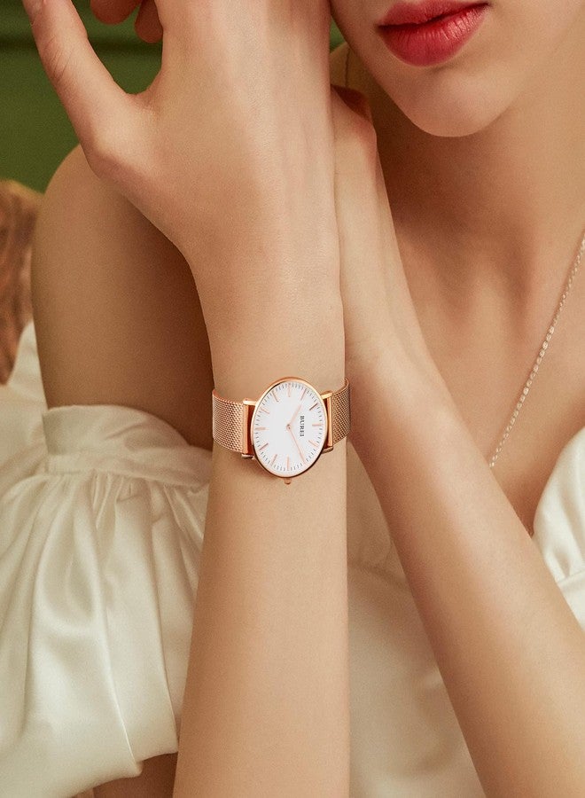 BUREI Womens Watch Fashion Gold Small Ladies Watch Stainless Steel Mesh Bracelet Watch Analog Quartz Waterproof Watches Dainty Silver Wrist Watches for Women, white rose gold - Image 5
