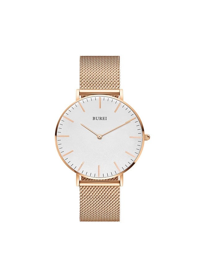 BUREI Womens Watch Fashion Gold Small Ladies Watch Stainless Steel Mesh Bracelet Watch Analog Quartz Waterproof Watches Dainty Silver Wrist Watches for Women, white rose gold - Image 1