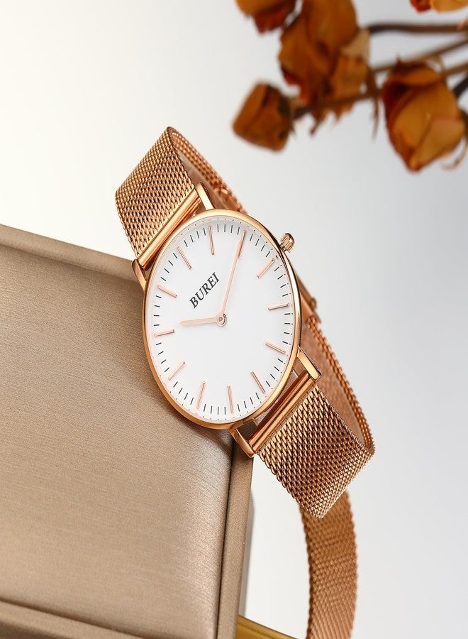 BUREI Womens Watch Fashion Gold Small Ladies Watch Stainless Steel Mesh Bracelet Watch Analog Quartz Waterproof Watches Dainty Silver Wrist Watches for Women, white rose gold - Image 4