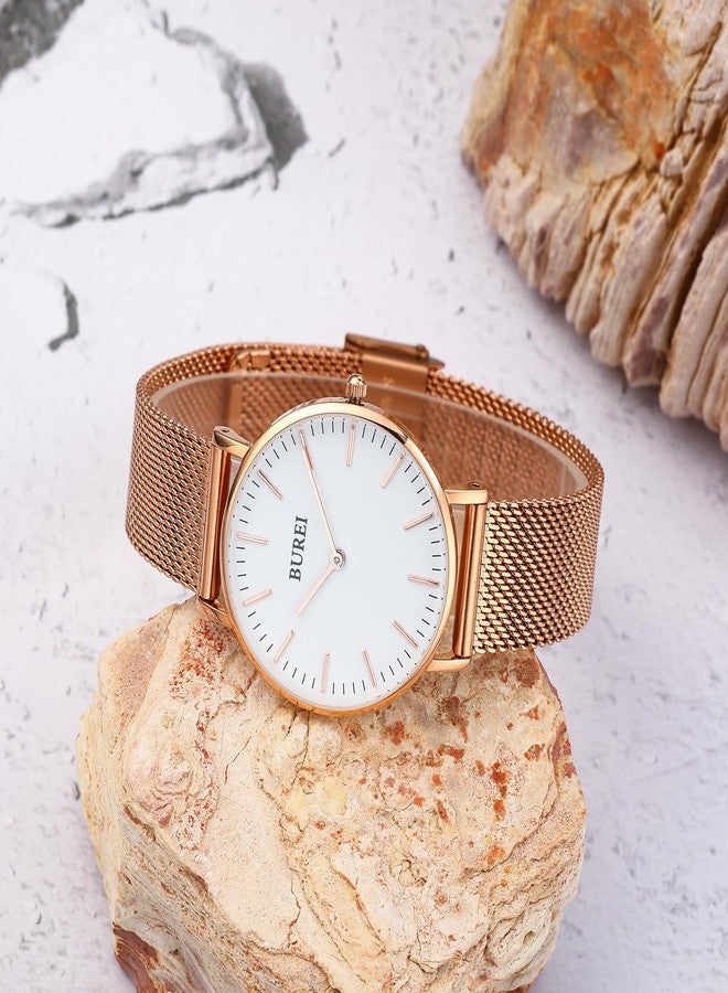 BUREI Womens Watch Fashion Gold Small Ladies Watch Stainless Steel Mesh Bracelet Watch Analog Quartz Waterproof Watches Dainty Silver Wrist Watches for Women, white rose gold - Image 3