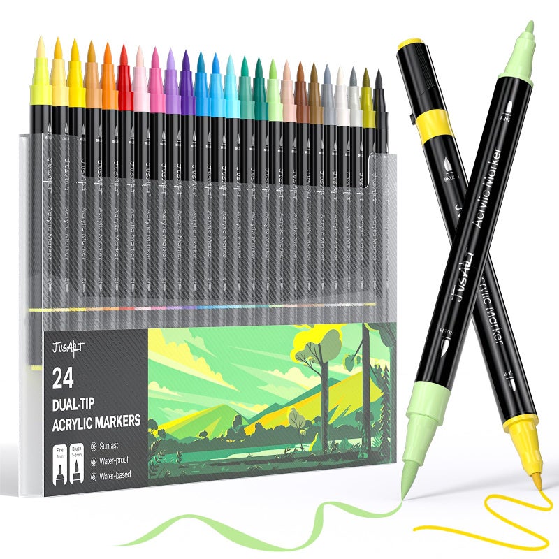 JusArt 24 Colors Dual Tip Acrylic Paint Pens Markers, Brush and Fine Tip, Premium Paint Pens for Wood, Canvas, Egg, Stone, Fabric, Rocks, Metal, Glass, Ceramic, DIY Crafts Making Art Supplies Gifts - Image 1