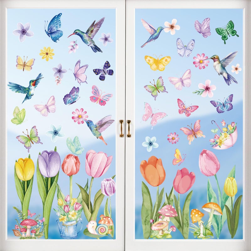 AOWDIAO Spring Window Clings - 83 Pcs Watercolor Flower, Butterfly, Hummingbird, Mushroom, Tulip Glass Stickers - Reusable Double-Sided Window Decor for Home, Office or Classroom - Image 1