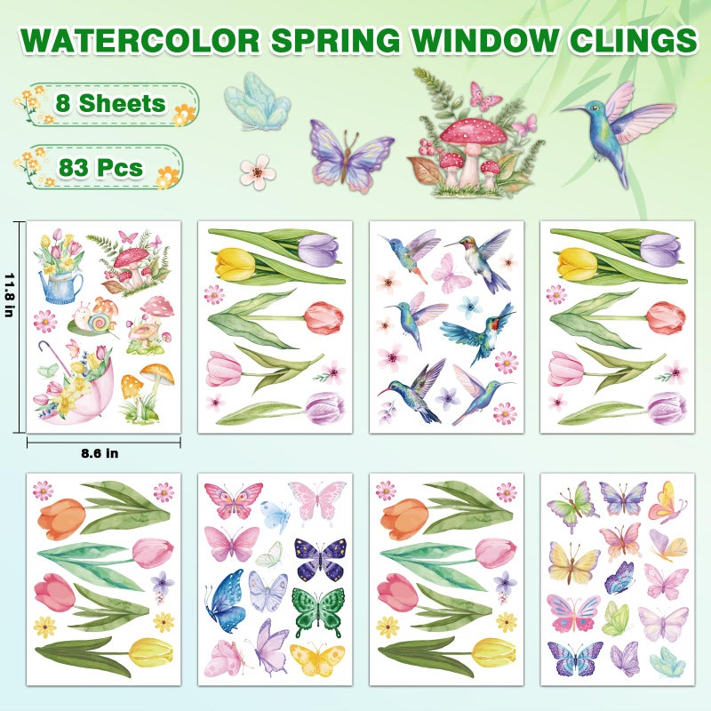 AOWDIAO Spring Window Clings - 83 Pcs Watercolor Flower, Butterfly, Hummingbird, Mushroom, Tulip Glass Stickers - Reusable Double-Sided Window Decor for Home, Office or Classroom - Image 2