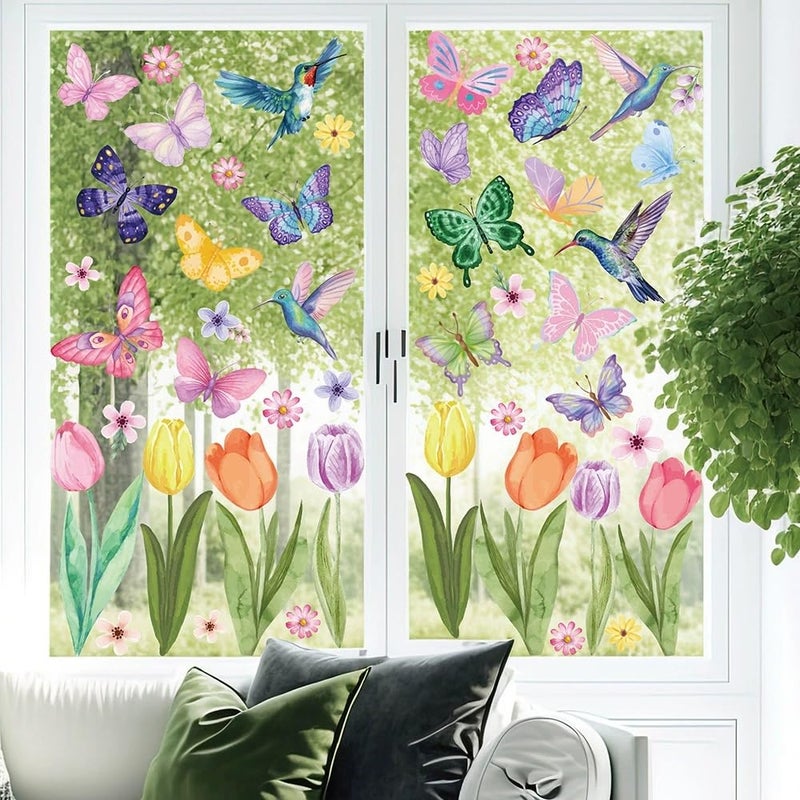 AOWDIAO Spring Window Clings - 83 Pcs Watercolor Flower, Butterfly, Hummingbird, Mushroom, Tulip Glass Stickers - Reusable Double-Sided Window Decor for Home, Office or Classroom - Image 5