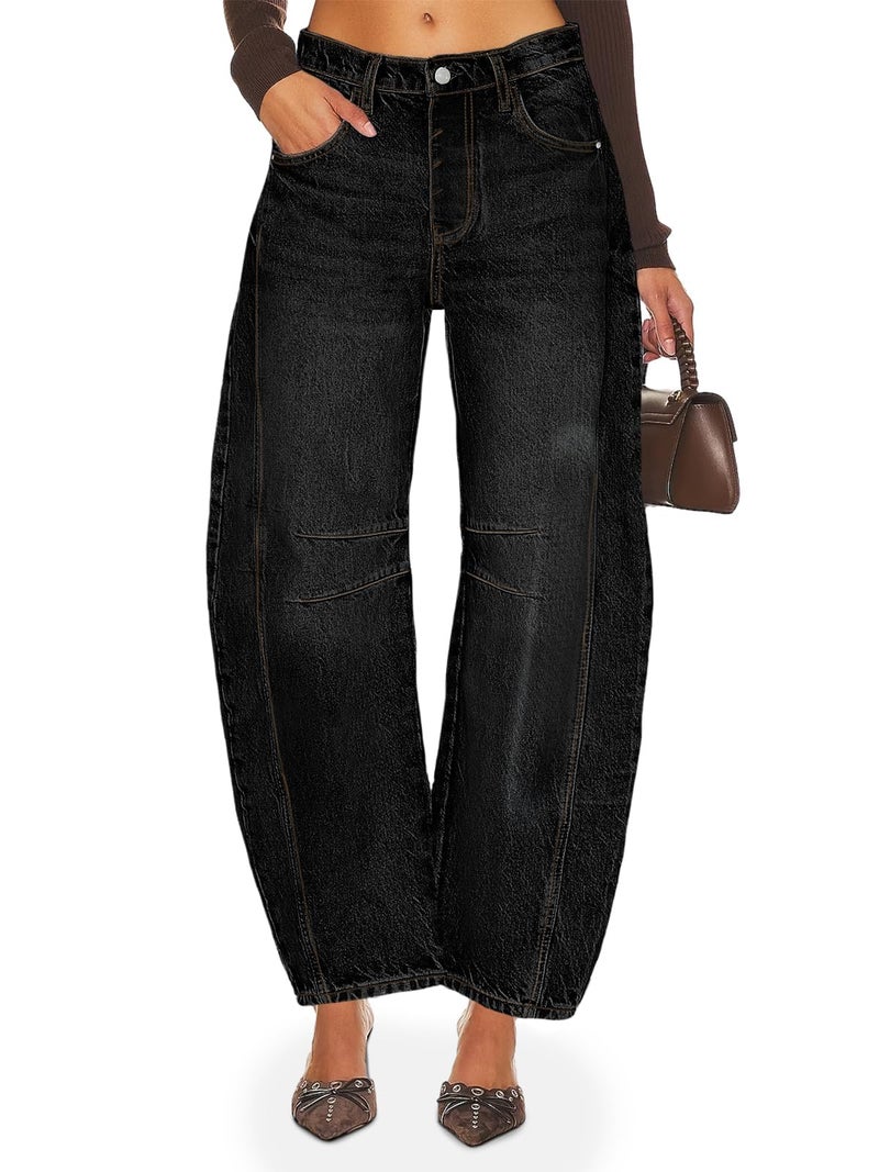 PLNOTME Women's Baggy Boyfriend Jeans Vintage Wide Leg Mid Rise Barrel Denim Ankle Pants - Image 2