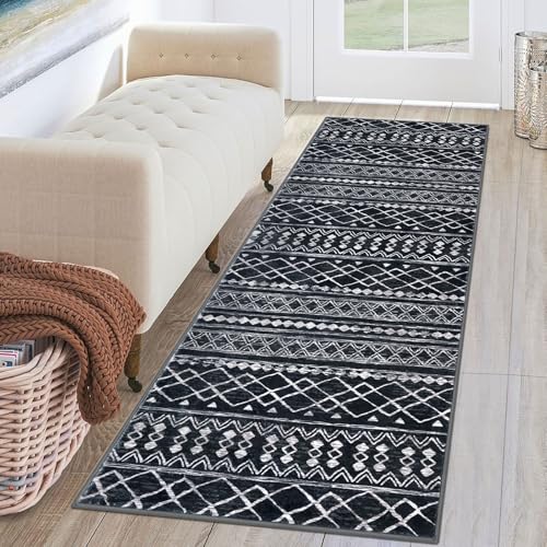 KUTA Moroccan Washable Hallway Runner Rug 2x6 NonSlip Vintage Black Boho Rugs Kitchen Runners Ultra Soft Distressed Geometric Floor Carpet for Bedroom Laundry Living Room - Image 1