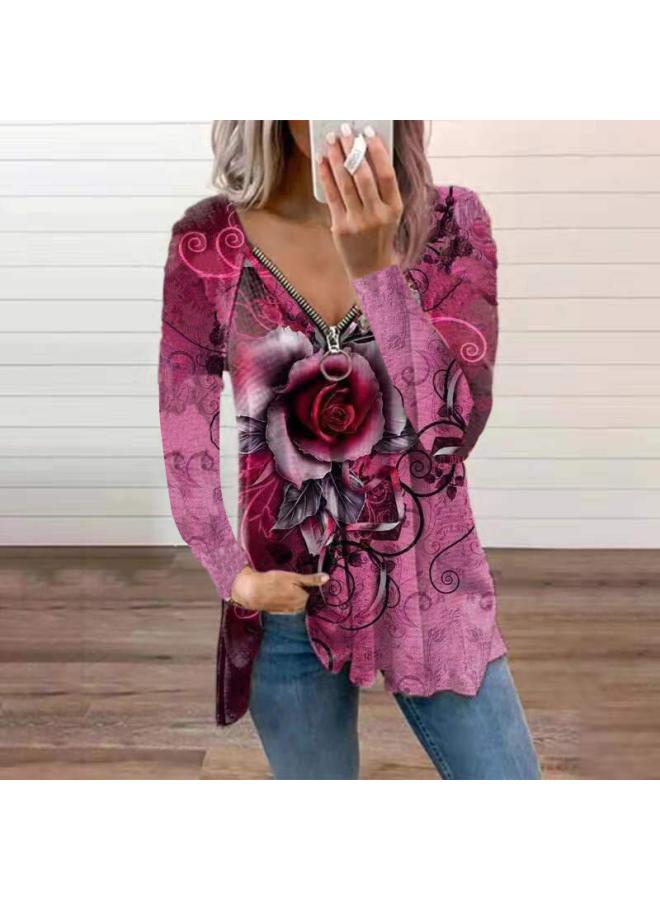 Europe And The United States New V-neck Women's Spring And Autumn Zipper Pullover Printed Loose Women's Long Sleeve Women's Clothing 