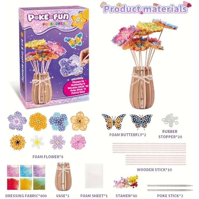 CAPSTRO DIY POKE BOUQUET ART & CRAFT KIT  FLOWERS, BUTTERFLIES & WOODEN VASE | 800+ COLORFUL FABRIC PIECES, 3D FOAM FLOWERS & VASE | HANDMADE DIY DECORATION GIFT FOR KIDS AGE 8+ | CRAFT SET - Image 3