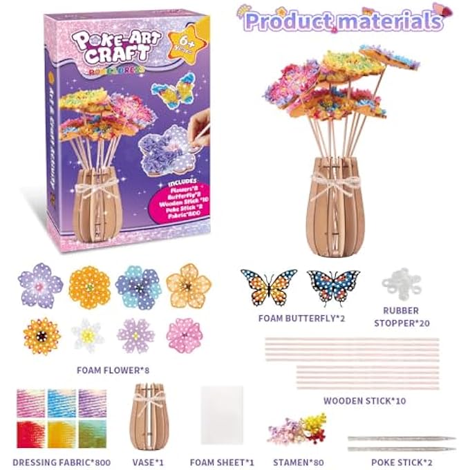 CAPSTRO DIY POKE BOUQUET ART & CRAFT KIT  FLOWERS, BUTTERFLIES & WOODEN VASE | 800+ COLORFUL FABRIC PIECES, 3D FOAM FLOWERS & VASE | HANDMADE DIY DECORATION GIFT FOR KIDS AGE 8+ | CRAFT SET - Image 5
