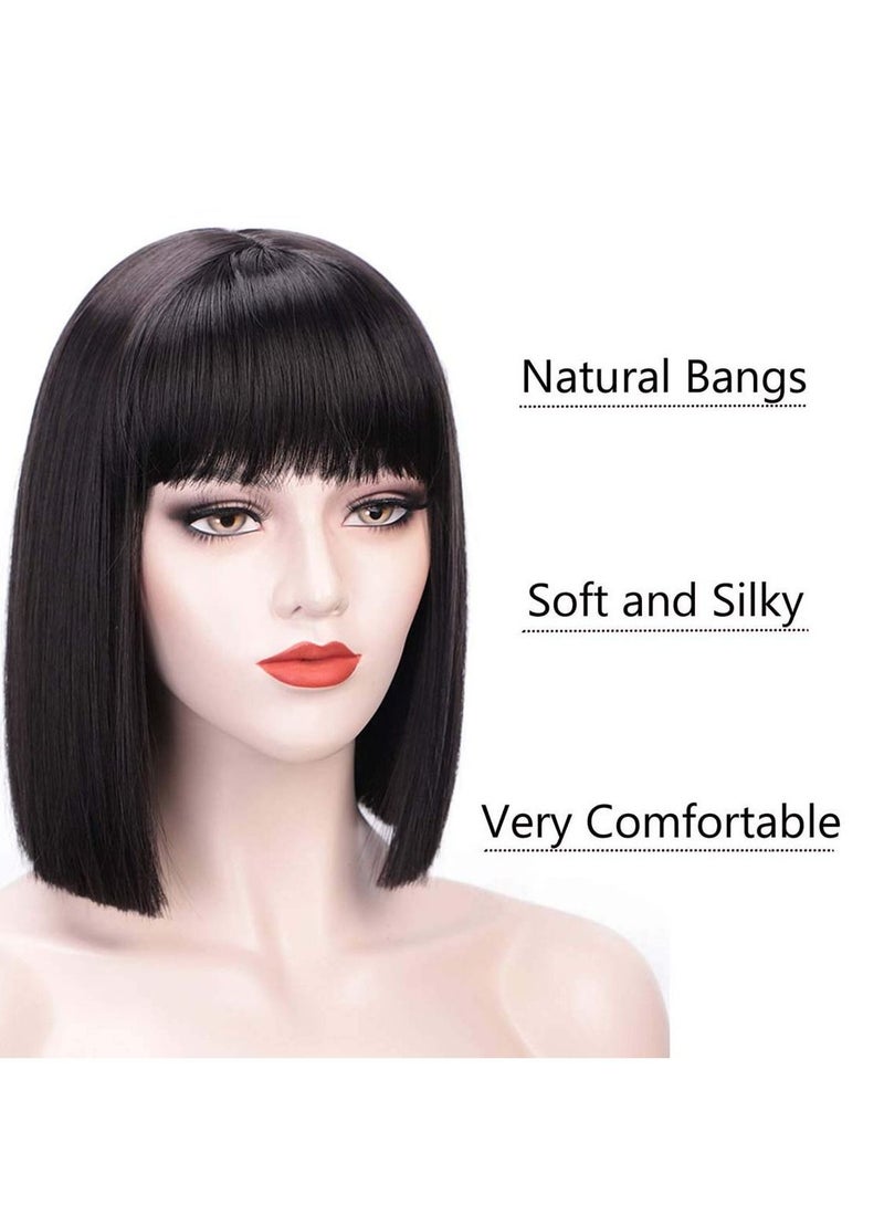 Arabest Short Bob Hair Wigs, Black Wigs with Bangs 12" Straight with Flat Bangs Synthetic Colorful Cosplay Daily Party Wig for Women Natural As Real Hair (Black) - Image 2