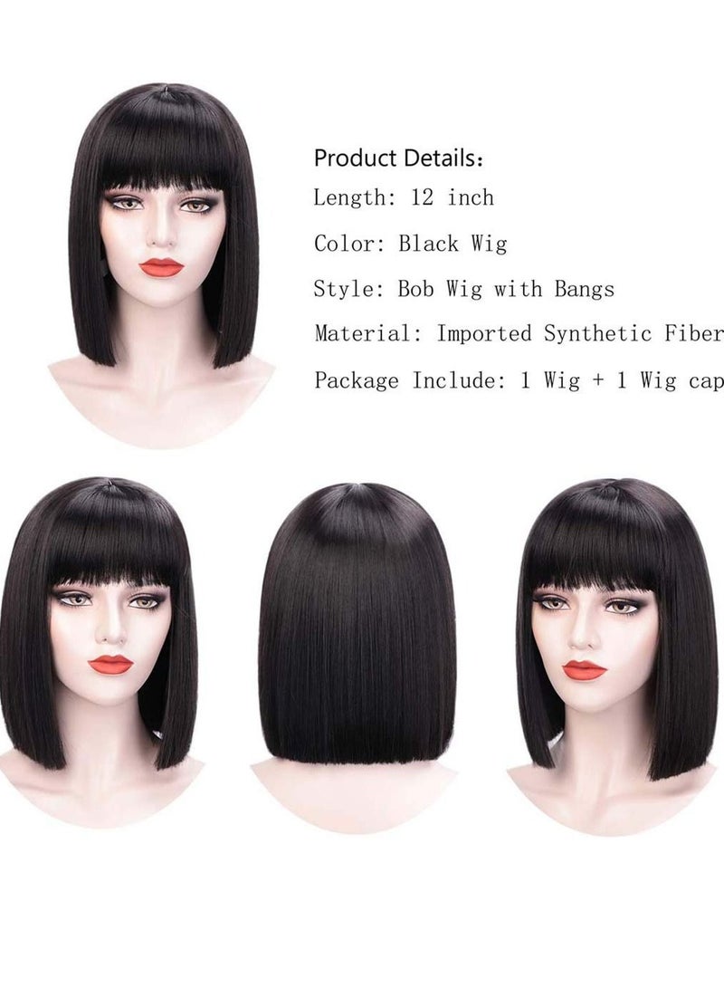 Arabest Short Bob Hair Wigs, Black Wigs with Bangs 12" Straight with Flat Bangs Synthetic Colorful Cosplay Daily Party Wig for Women Natural As Real Hair (Black) - Image 3
