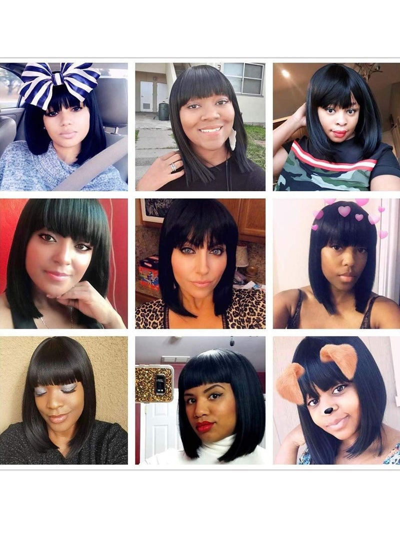 Arabest Short Bob Hair Wigs, Black Wigs with Bangs 12" Straight with Flat Bangs Synthetic Colorful Cosplay Daily Party Wig for Women Natural As Real Hair (Black) - Image 5