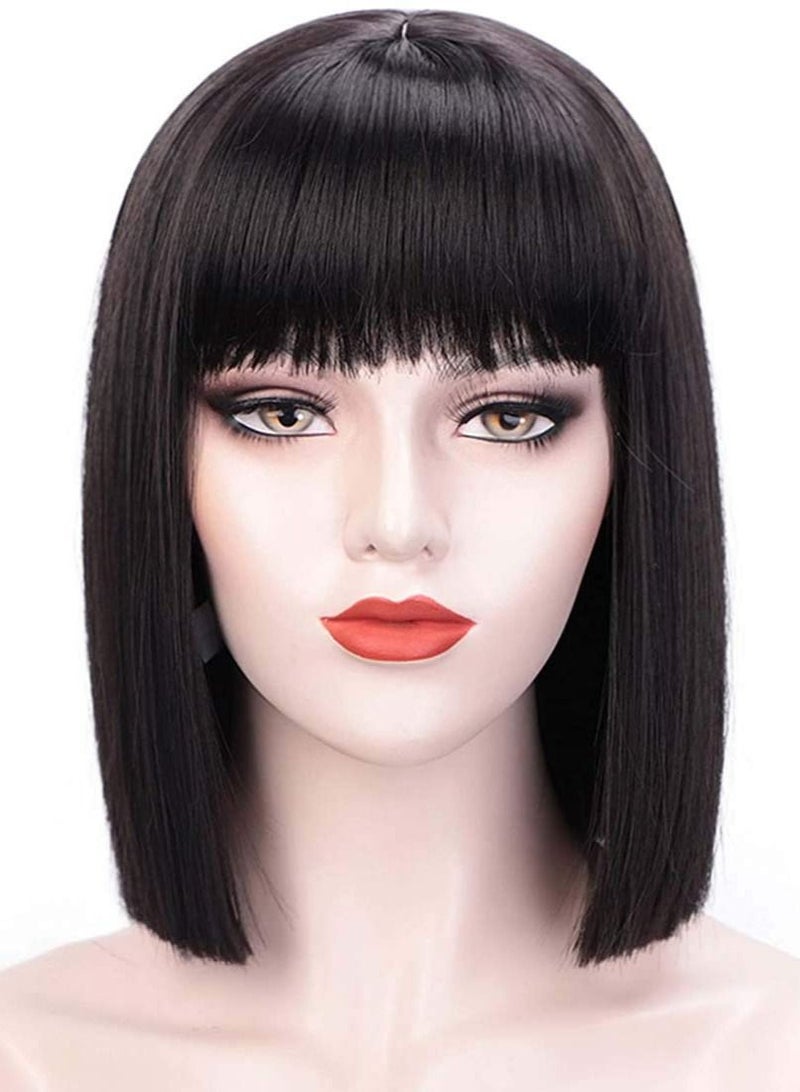 Arabest Short Bob Hair Wigs, Black Wigs with Bangs 12" Straight with Flat Bangs Synthetic Colorful Cosplay Daily Party Wig for Women Natural As Real Hair (Black) - Image 1
