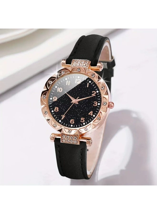 OLYSON Rhinestone Analog Quartz Watch & Heart Bracelet Set, Bling Crystal Timepiece, Fashion Leather Strap Wristwatch for Ladies, Black Rose Gold - Image 3
