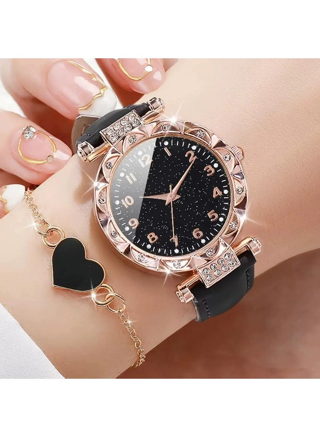 OLYSON Rhinestone Analog Quartz Watch & Heart Bracelet Set, Bling Crystal Timepiece, Fashion Leather Strap Wristwatch for Ladies, Black Rose Gold - Image 1