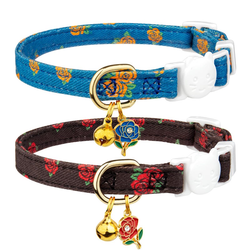 FYEQYAOU 2 Pack Cotton Breakaway Cat Collar Blue and Black Rose Pendant Cute Kitten Cat Collar with Bell - Image 1