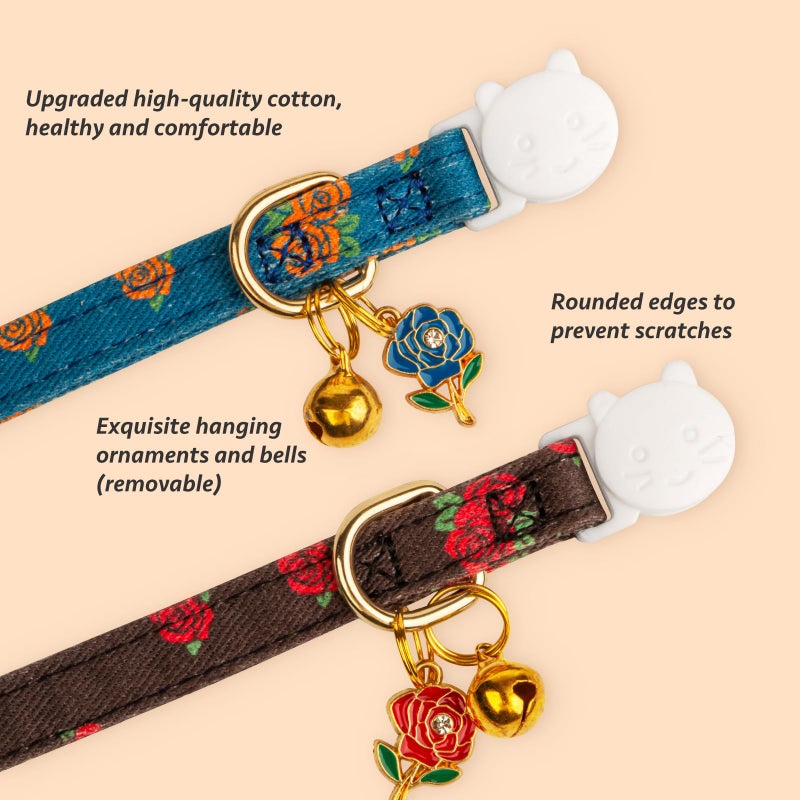 FYEQYAOU 2 Pack Cotton Breakaway Cat Collar Blue and Black Rose Pendant Cute Kitten Cat Collar with Bell - Image 2