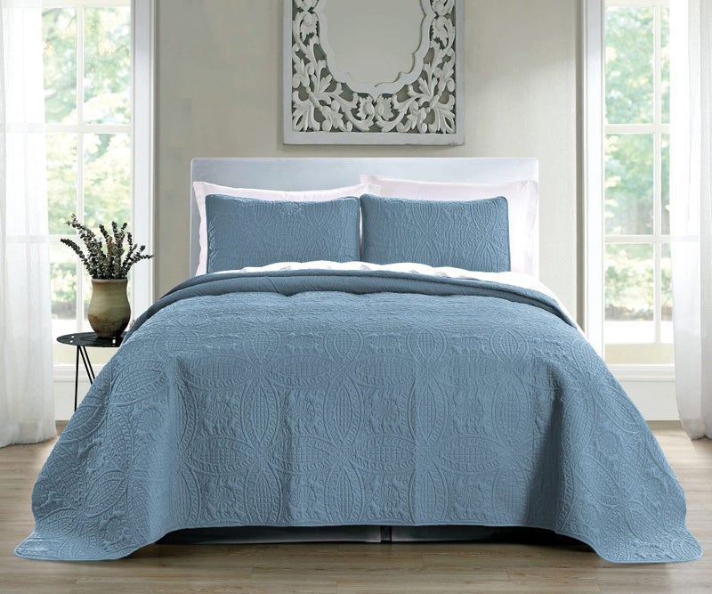 Pure Bedding Quilt Set King/Cal King/California King Size Ash Blue - Oversized Bedspread - Soft Microfiber Lightweight Coverlet for All Season - 3 Piece Includes 1 Quilt and 2 Shams, Geometric Pattern - Image 2