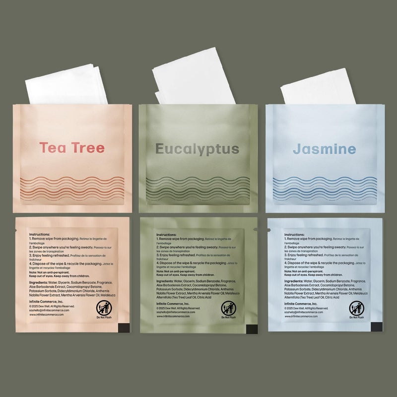 Dew Well Refreshing Deodorant Wipes, Refresh Body Deodorant Wipes, A Fresh Start When Youâ€™re On the Go, Aluminum, Paraben, and Sulfate Free, Variety Pack (Tea Tree, Eucalyptus, Jasmine) - Image 3