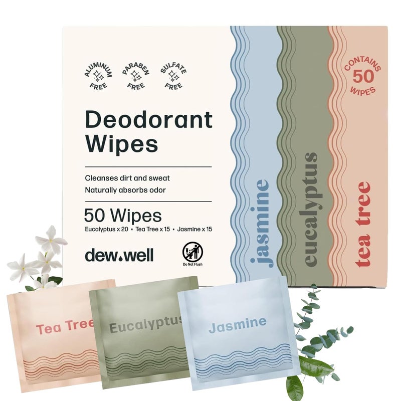 Dew Well Refreshing Deodorant Wipes, Refresh Body Deodorant Wipes, A Fresh Start When Youâ€™re On the Go, Aluminum, Paraben, and Sulfate Free, Variety Pack (Tea Tree, Eucalyptus, Jasmine) - Image 1