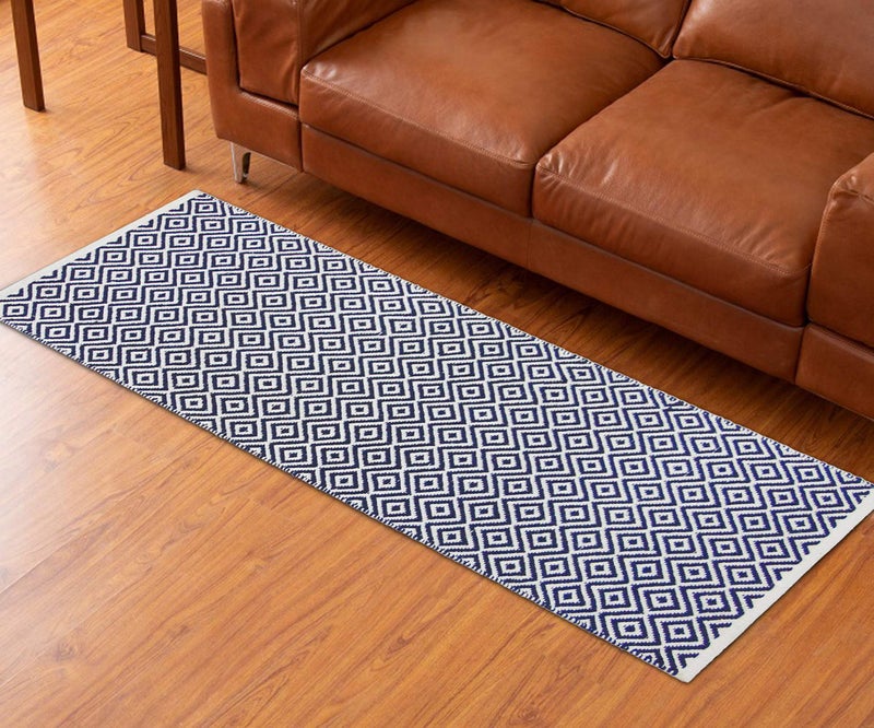 MDZ® Hand Woven 100% Cotton Diamond Rug, Bed Side Runner for Bedroom, Living Room, Entrance, Passage, Style - Modern, Size - 45 x 130 cm | Eco Friendly (Blue White) - Image 2