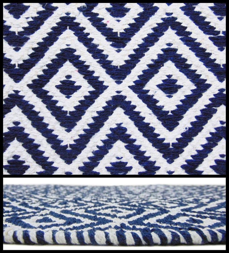 MDZ® Hand Woven 100% Cotton Diamond Rug, Bed Side Runner for Bedroom, Living Room, Entrance, Passage, Style - Modern, Size - 45 x 130 cm | Eco Friendly (Blue White) - Image 3