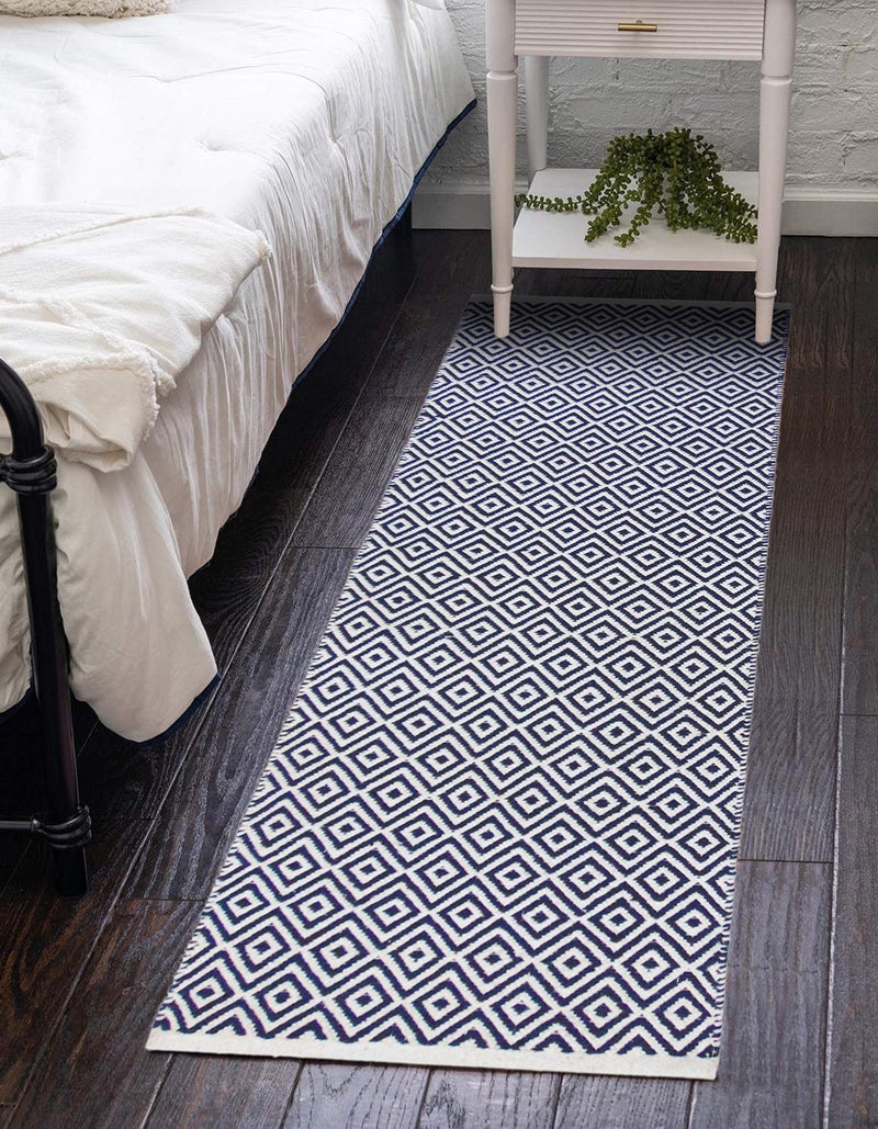 MDZ® Hand Woven 100% Cotton Diamond Rug, Bed Side Runner for Bedroom, Living Room, Entrance, Passage, Style - Modern, Size - 45 x 130 cm | Eco Friendly (Blue White) - Image 1