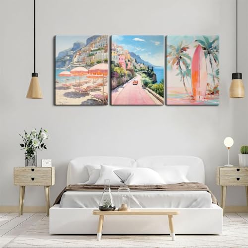 yulihaz Pink Beach Wall Art Set of 3, Preppy Coastal Wall Decor Paintings, Italy Amalfi Coast Poster Canvas Prints, Beachy Surf Pictures Aesthetic for Teen Girls Bedroom Living Room Dorm 12x16 inch Framed - Image 5