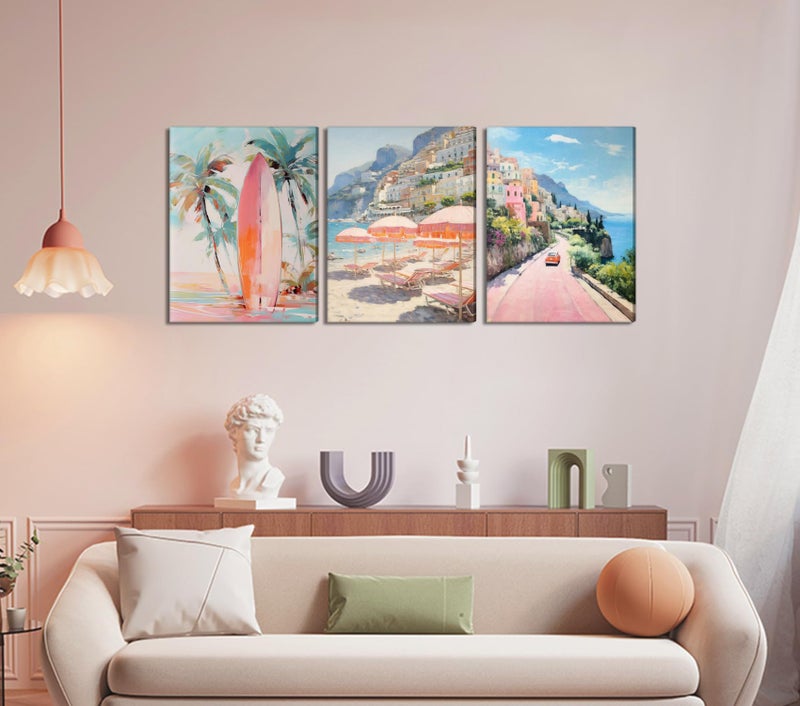 yulihaz Pink Beach Wall Art Set of 3, Preppy Coastal Wall Decor Paintings, Italy Amalfi Coast Poster Canvas Prints, Beachy Surf Pictures Aesthetic for Teen Girls Bedroom Living Room Dorm 12x16 inch Framed - Image 3