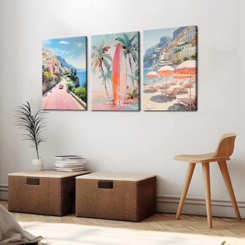 yulihaz Pink Beach Wall Art Set of 3, Preppy Coastal Wall Decor Paintings, Italy Amalfi Coast Poster Canvas Prints, Beachy Surf Pictures Aesthetic for Teen Girls Bedroom Living Room Dorm 12x16 inch Framed - Image 4
