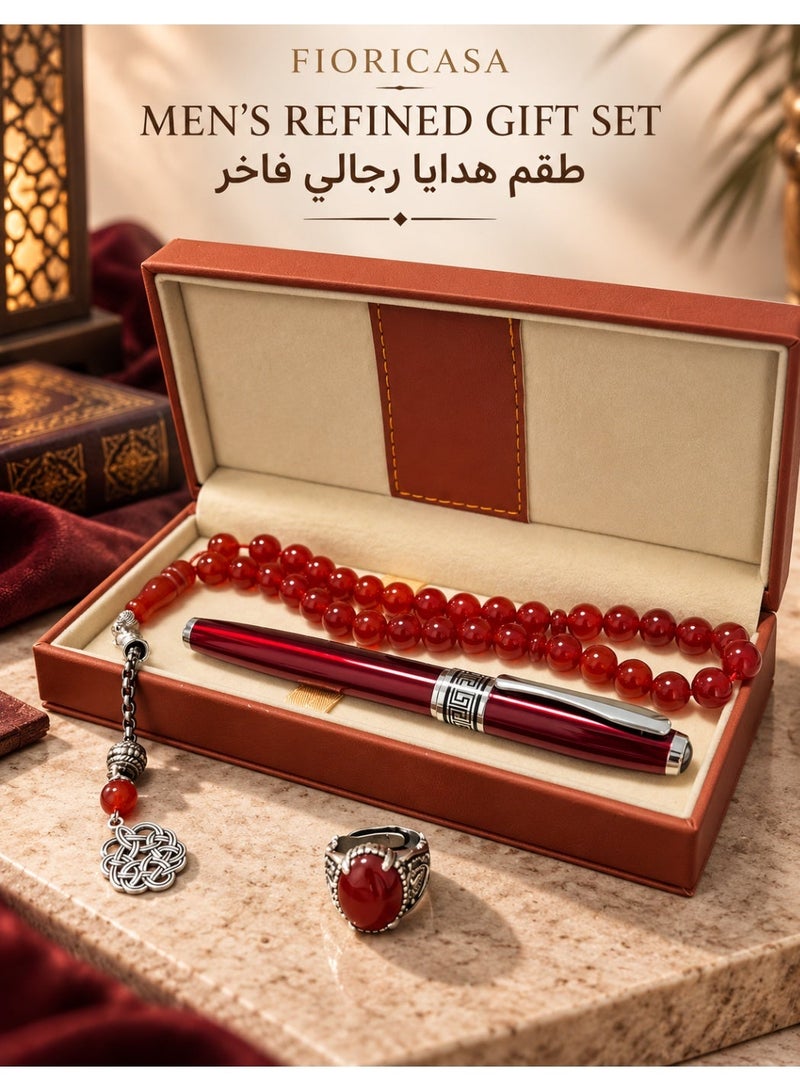فوريكاسا طقم هدايا رجالي من فلوريكاسا مع مسبحة من العقيق الأحمر الطبيعي، وخاتم عقيق أحمر قابل للتعديل، وقلم حبر، 33 حبة، 10 مم - Image 1