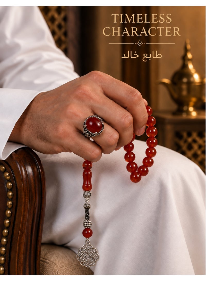 فوريكاسا طقم هدايا رجالي من فلوريكاسا مع مسبحة من العقيق الأحمر الطبيعي، وخاتم عقيق أحمر قابل للتعديل، وقلم حبر، 33 حبة، 10 مم - Image 5