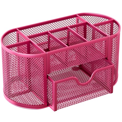 EasyPAG Mesh Pen Holder Desk Organizer with Drawer Stationery Supplies Organizer for Dorm School 9 Compartments Workspace Desk Accessories Organization for Office, Hot Pink - Image 2