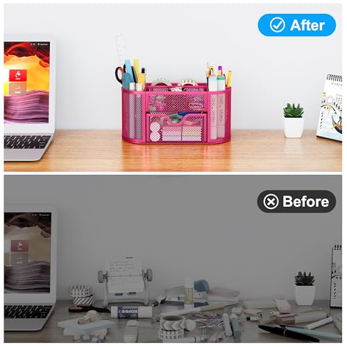 EasyPAG Mesh Pen Holder Desk Organizer with Drawer Stationery Supplies Organizer for Dorm School 9 Compartments Workspace Desk Accessories Organization for Office, Hot Pink - Image 5