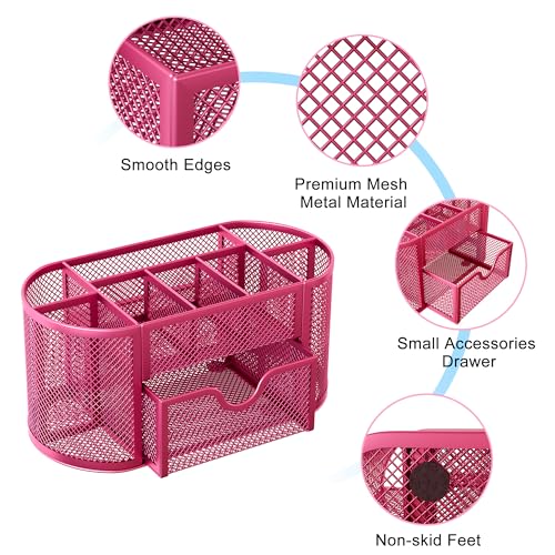 EasyPAG Mesh Pen Holder Desk Organizer with Drawer Stationery Supplies Organizer for Dorm School 9 Compartments Workspace Desk Accessories Organization for Office, Hot Pink - Image 4