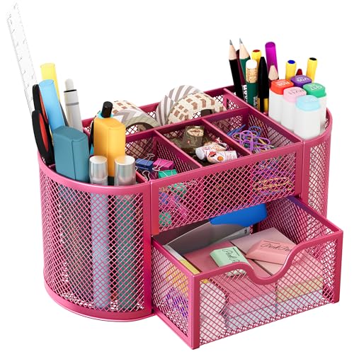 EasyPAG Mesh Pen Holder Desk Organizer with Drawer Stationery Supplies Organizer for Dorm School 9 Compartments Workspace Desk Accessories Organization for Office, Hot Pink - Image 1