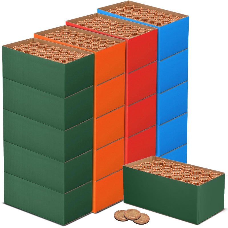 Feifeiya 20 Pcs Coin Trays for Rolled Coins High Capacity Sorting Tray Corrugated Paper Box for Penny, Nickel, Dime, Quarter Stackable Sorter Tray Color Coded Holder Organizer - Image 1