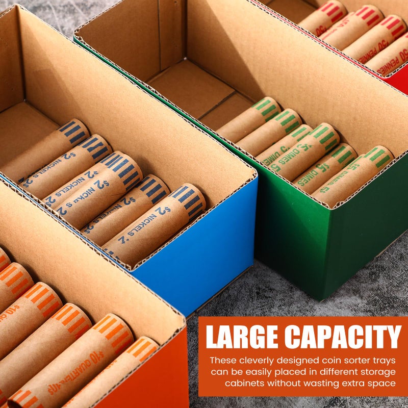 Feifeiya 20 Pcs Coin Trays for Rolled Coins High Capacity Sorting Tray Corrugated Paper Box for Penny, Nickel, Dime, Quarter Stackable Sorter Tray Color Coded Holder Organizer - Image 5