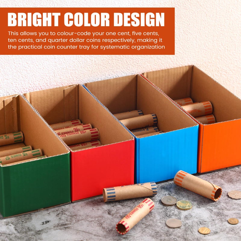 Feifeiya 20 Pcs Coin Trays for Rolled Coins High Capacity Sorting Tray Corrugated Paper Box for Penny, Nickel, Dime, Quarter Stackable Sorter Tray Color Coded Holder Organizer - Image 4